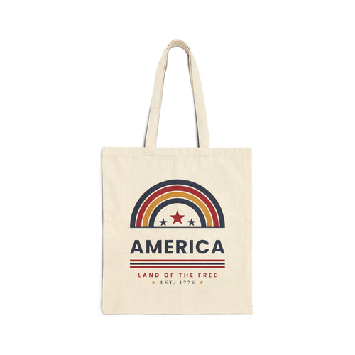 America Retro Rainbow Tote Bag — 'America: Land of the Free' Canvas Tote