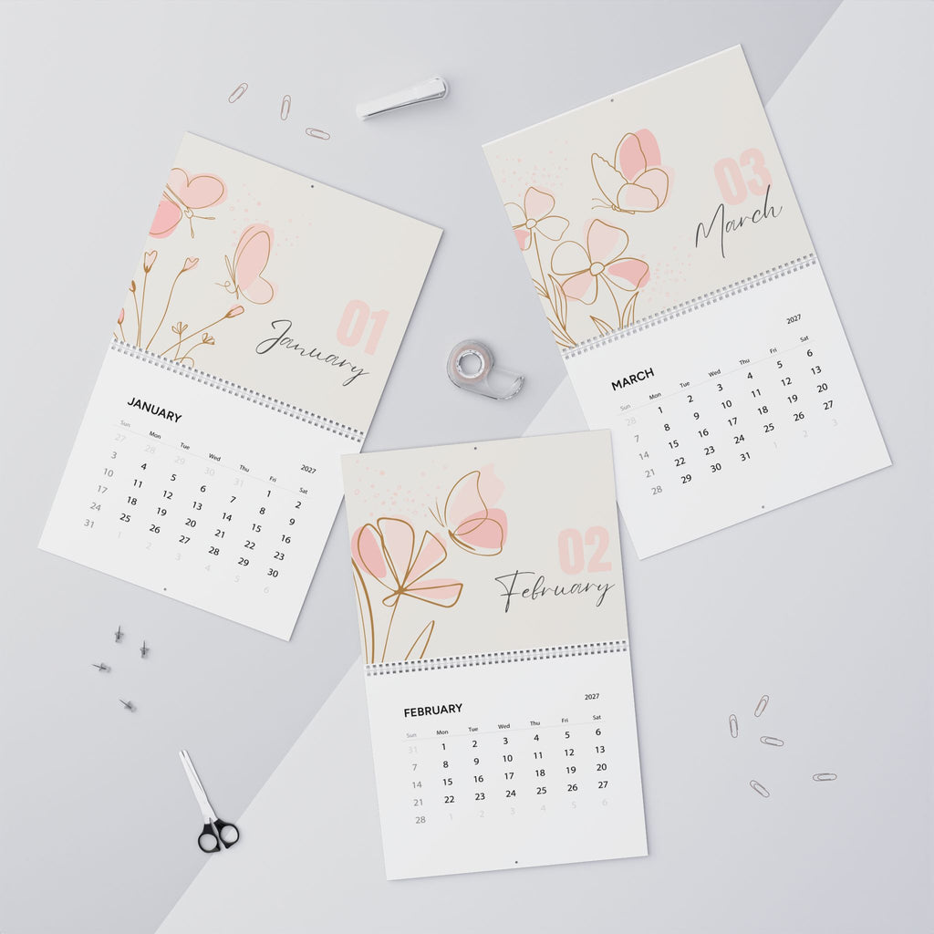 2027 Floral Butterfly Wall Calendar — Pink Minimalist Monthly Planner