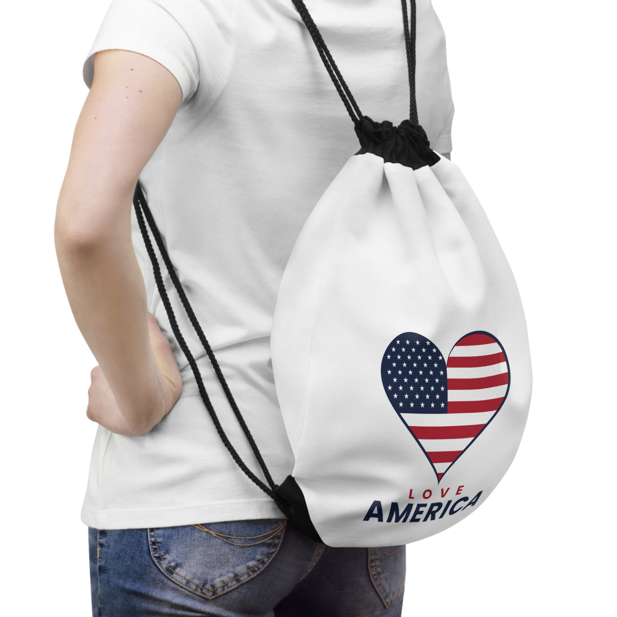 Love America Heart Drawstring Bag