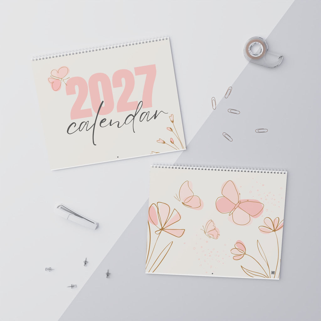 2027 Floral Butterfly Wall Calendar — Pink Minimalist Monthly Planner